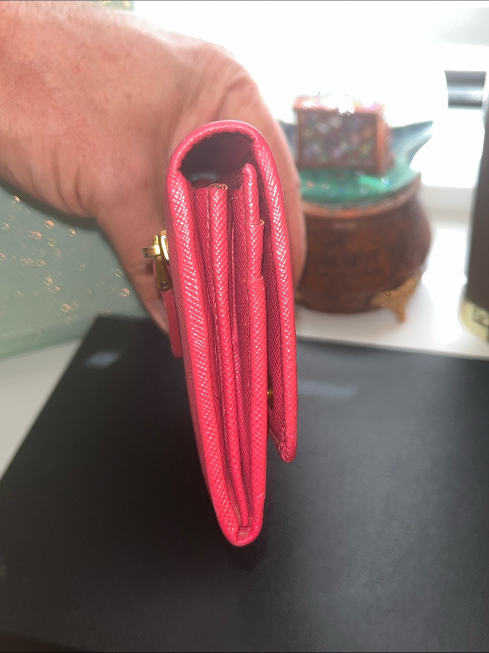 Prada Fuchsia Saffiano Leather Bow Continental Wallet Good Condition - Picture 9 of 13